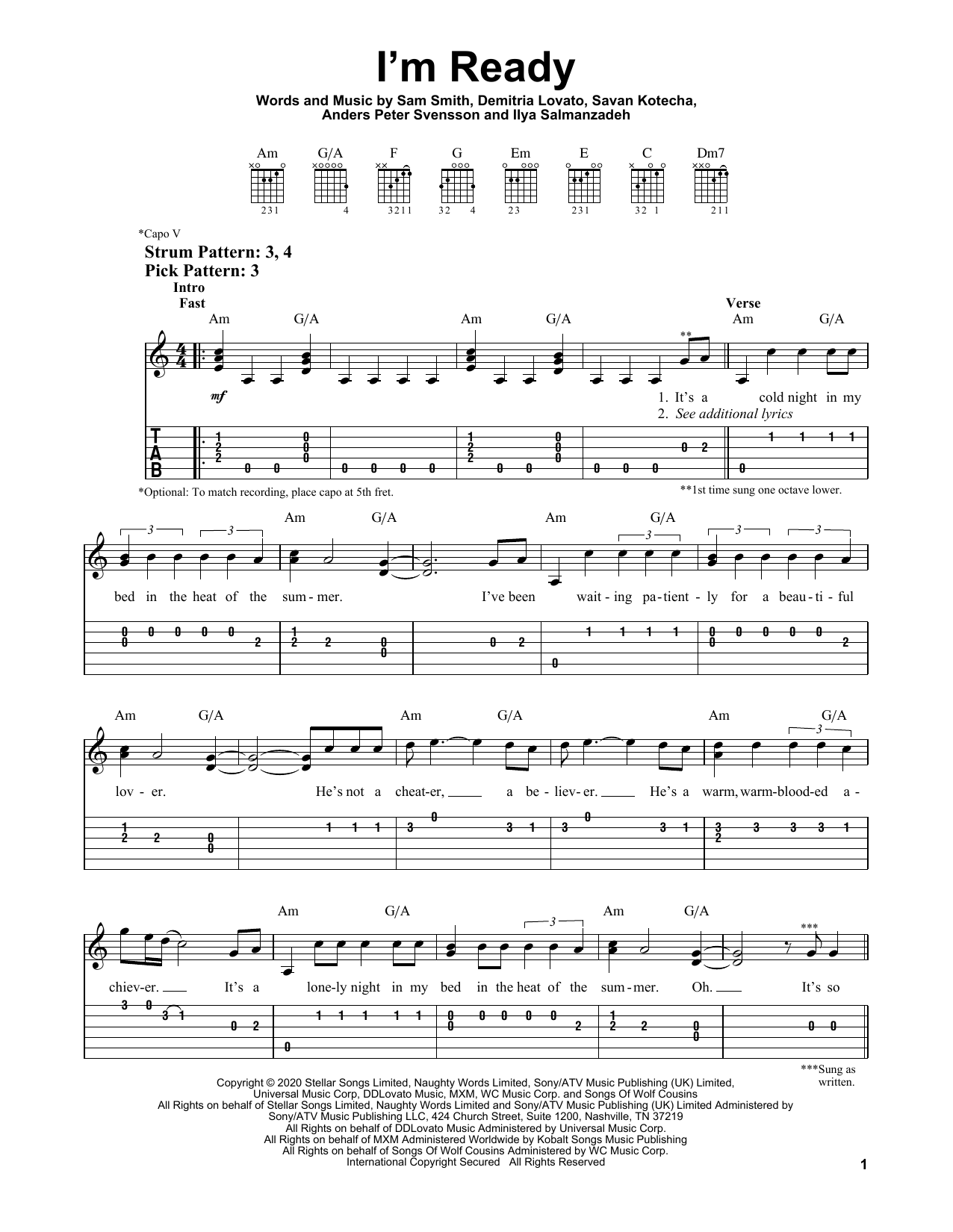 Sam Smith & Demi Lovato I'm Ready sheet music notes and chords. Download Printable PDF.