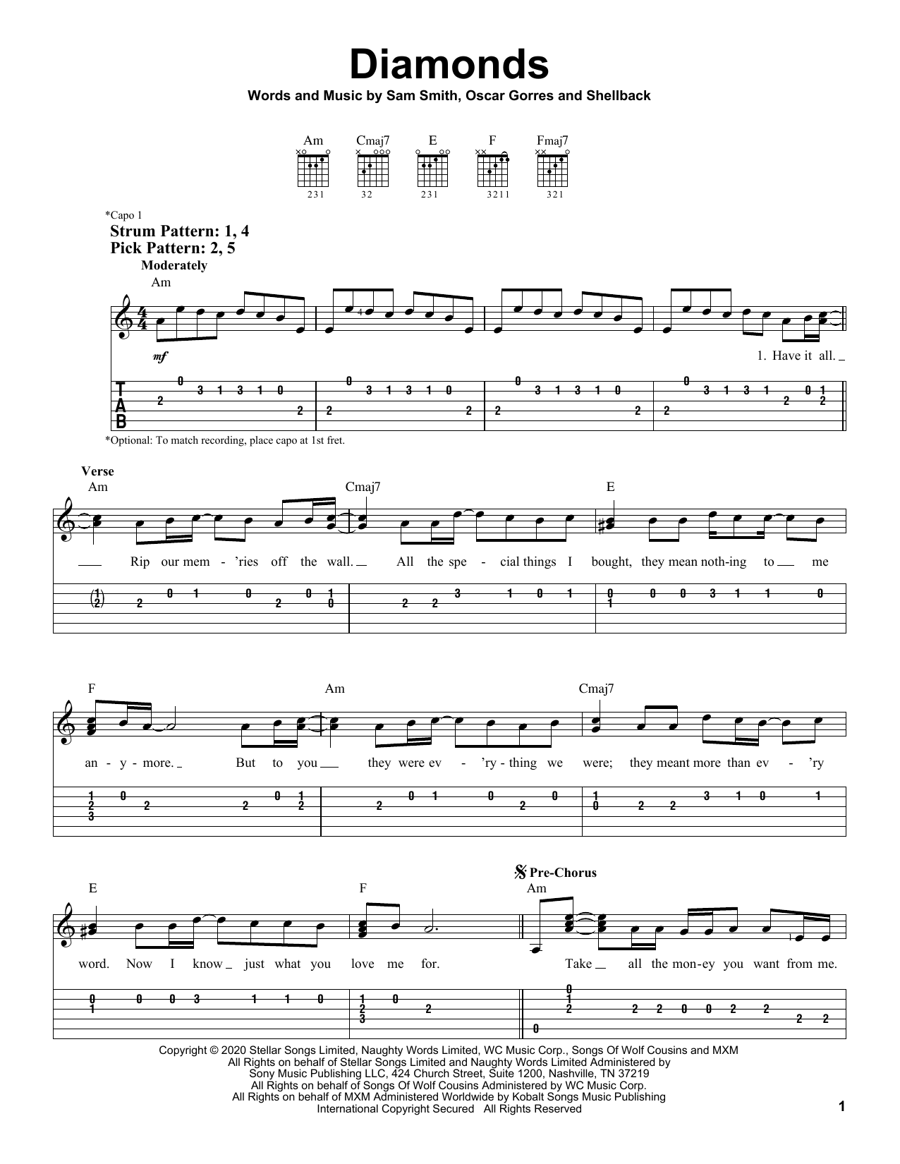 Sam Smith Diamonds sheet music notes and chords. Download Printable PDF.