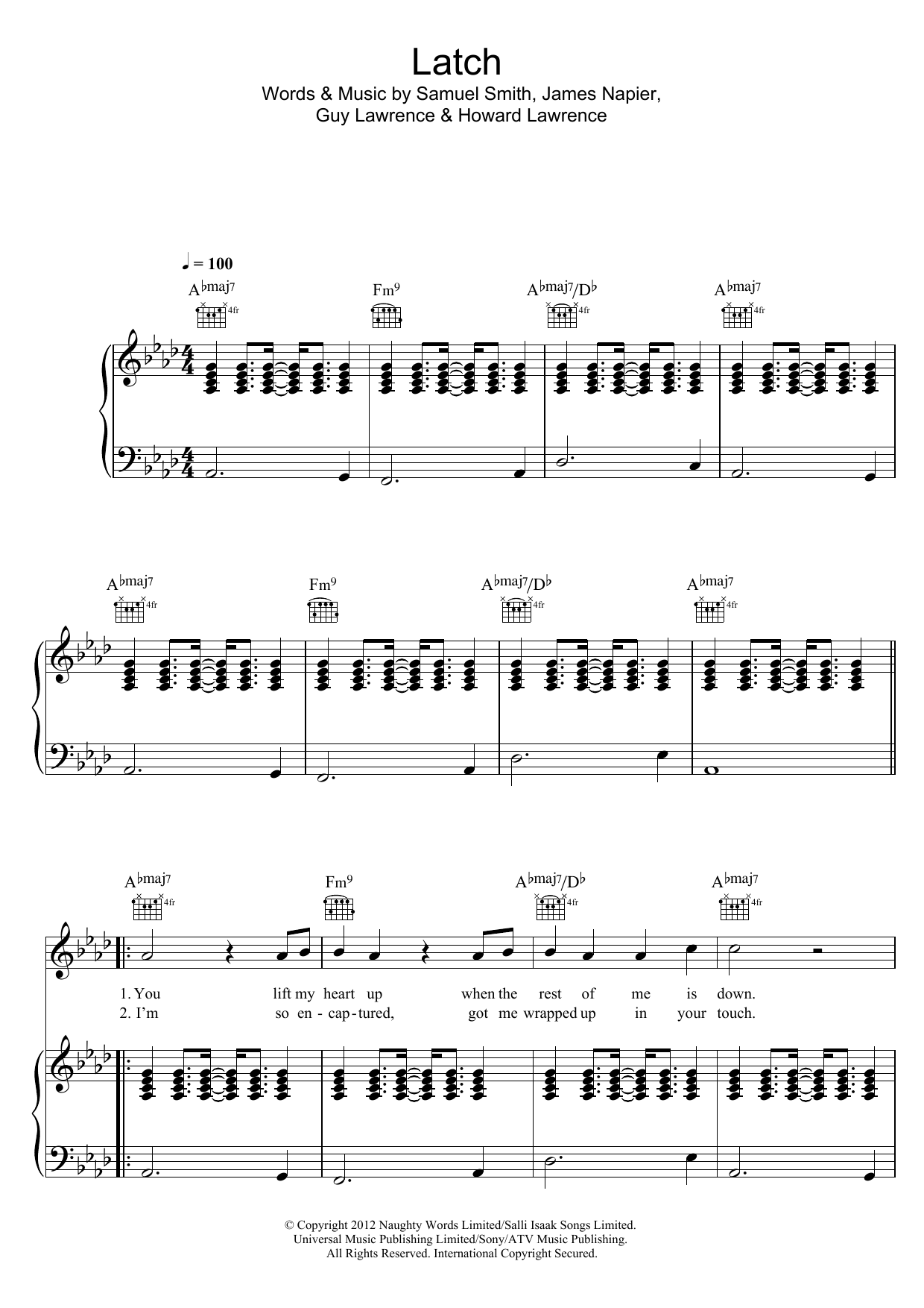 Sam Smith Latch (Acoustic) sheet music notes and chords arranged for Piano, Vocal & Guitar Chords