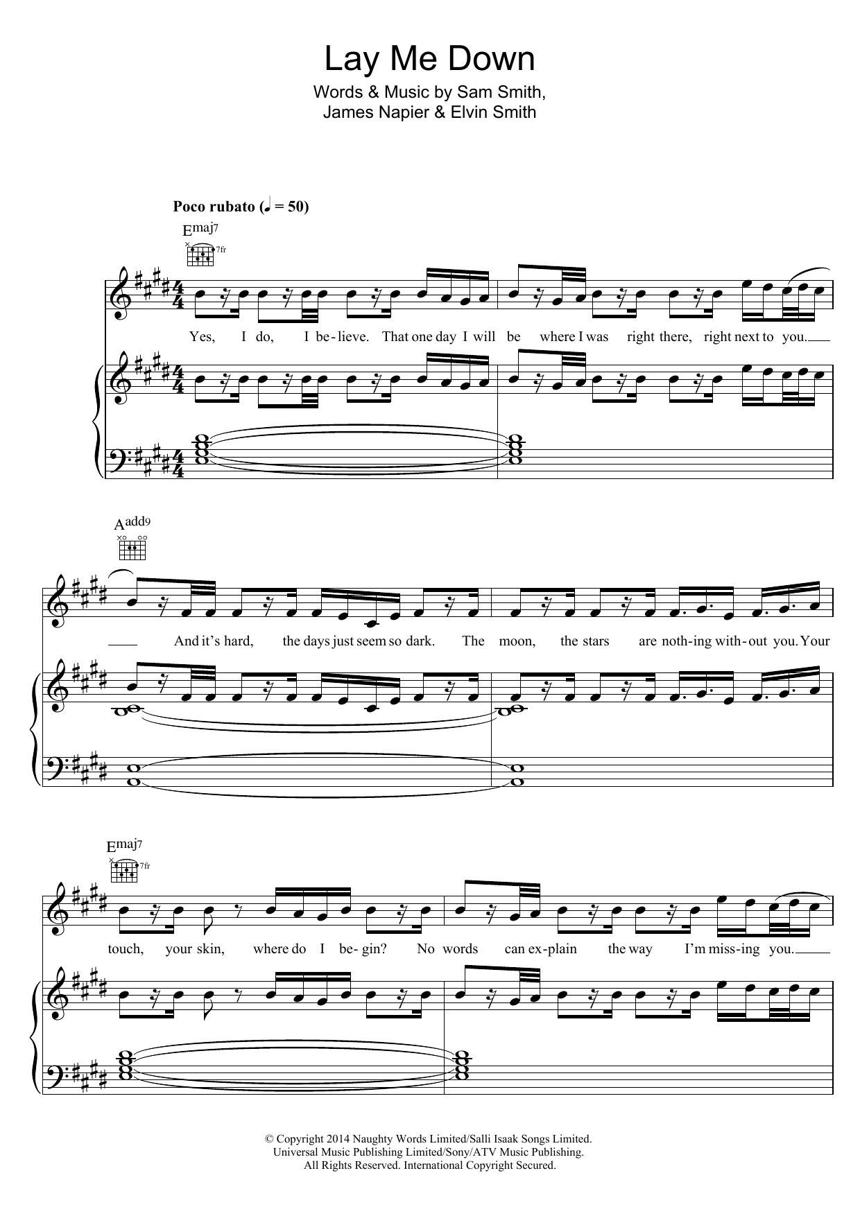 Sam Smith Lay Me Down sheet music notes and chords. Download Printable PDF.