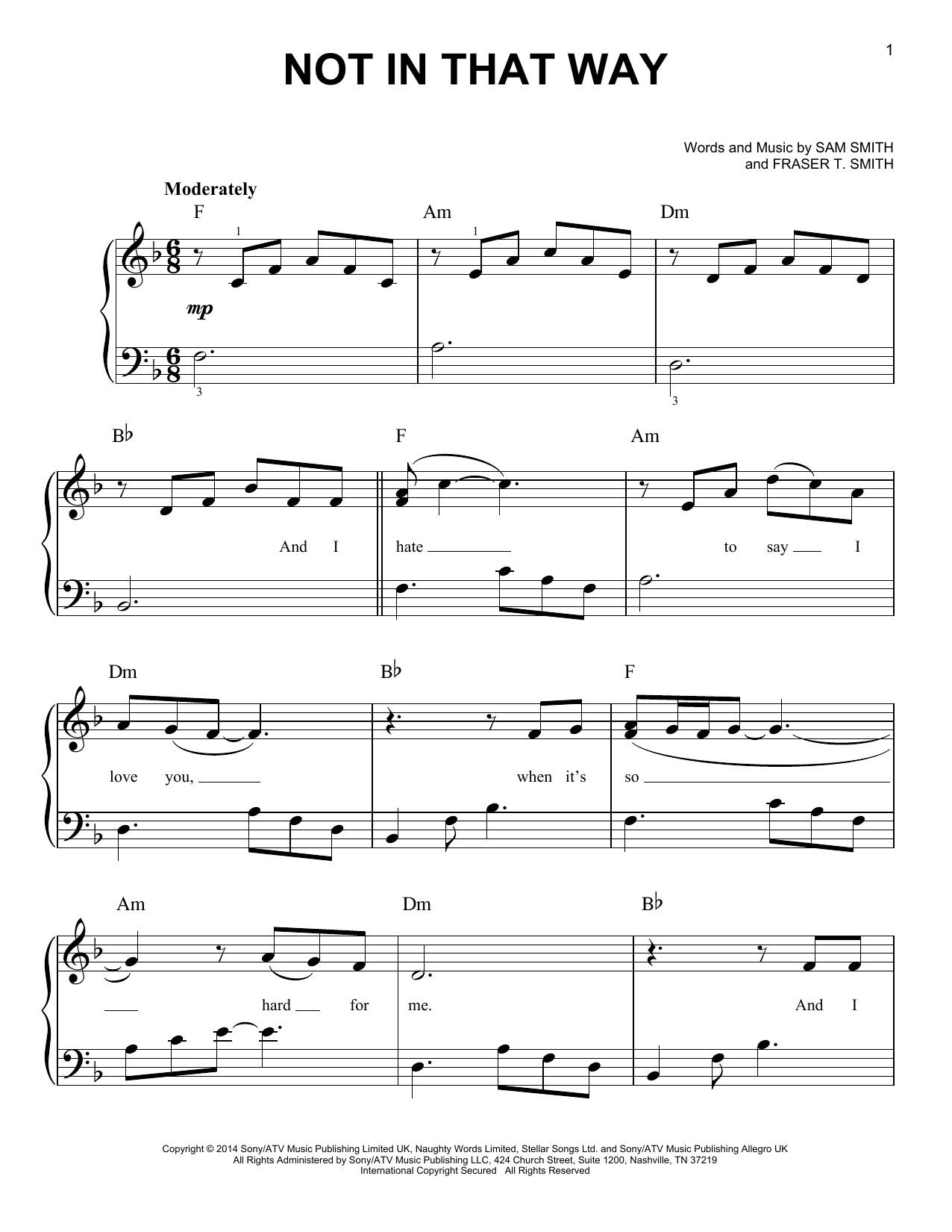 Sam Smith Not In That Way sheet music notes and chords. Download Printable PDF.