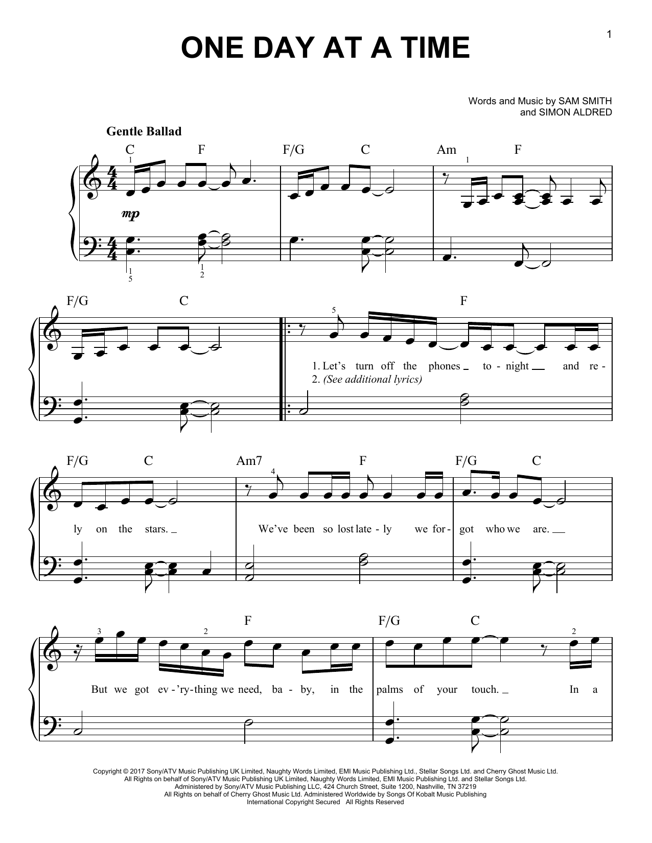 Sam Smith One Day At A Time sheet music notes and chords arranged for Easy Piano