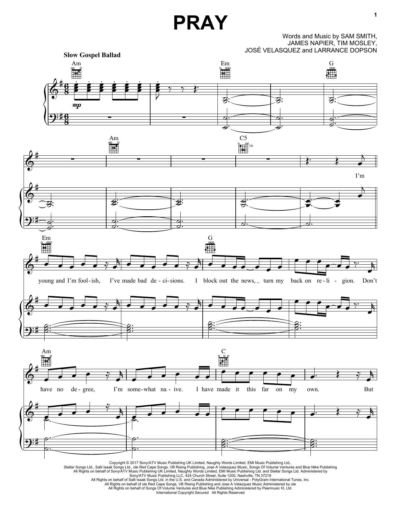 Sam Smith Pray sheet music notes and chords. Download Printable PDF.