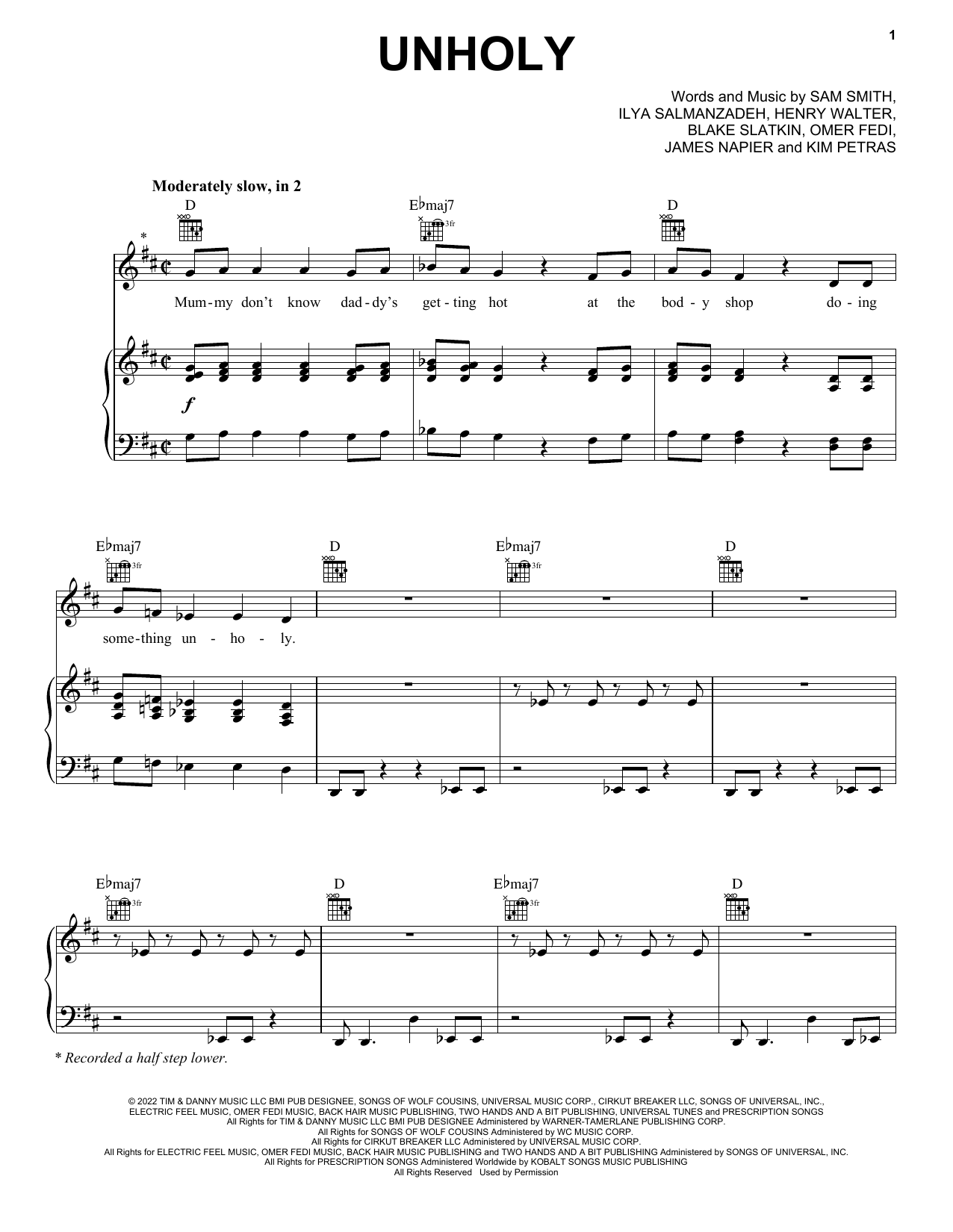 Sam Smith ft. Kim Petras Unholy sheet music notes and chords arranged for Piano, Vocal & Guitar Chords (Right-Hand Melody)