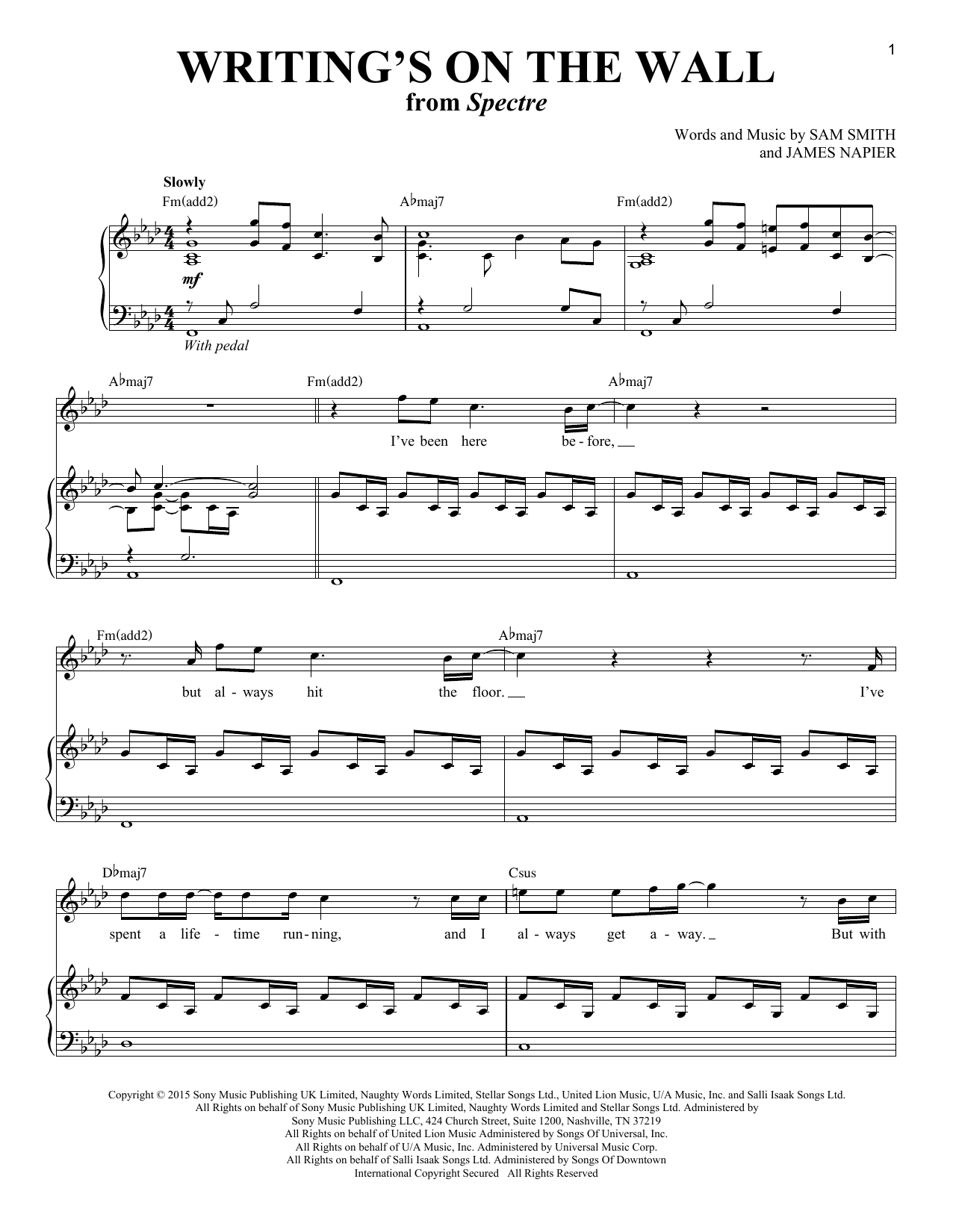 Sam Smith Writing's On The Wall (from James Bond: Spectre) sheet music notes and chords. Download Printable PDF.