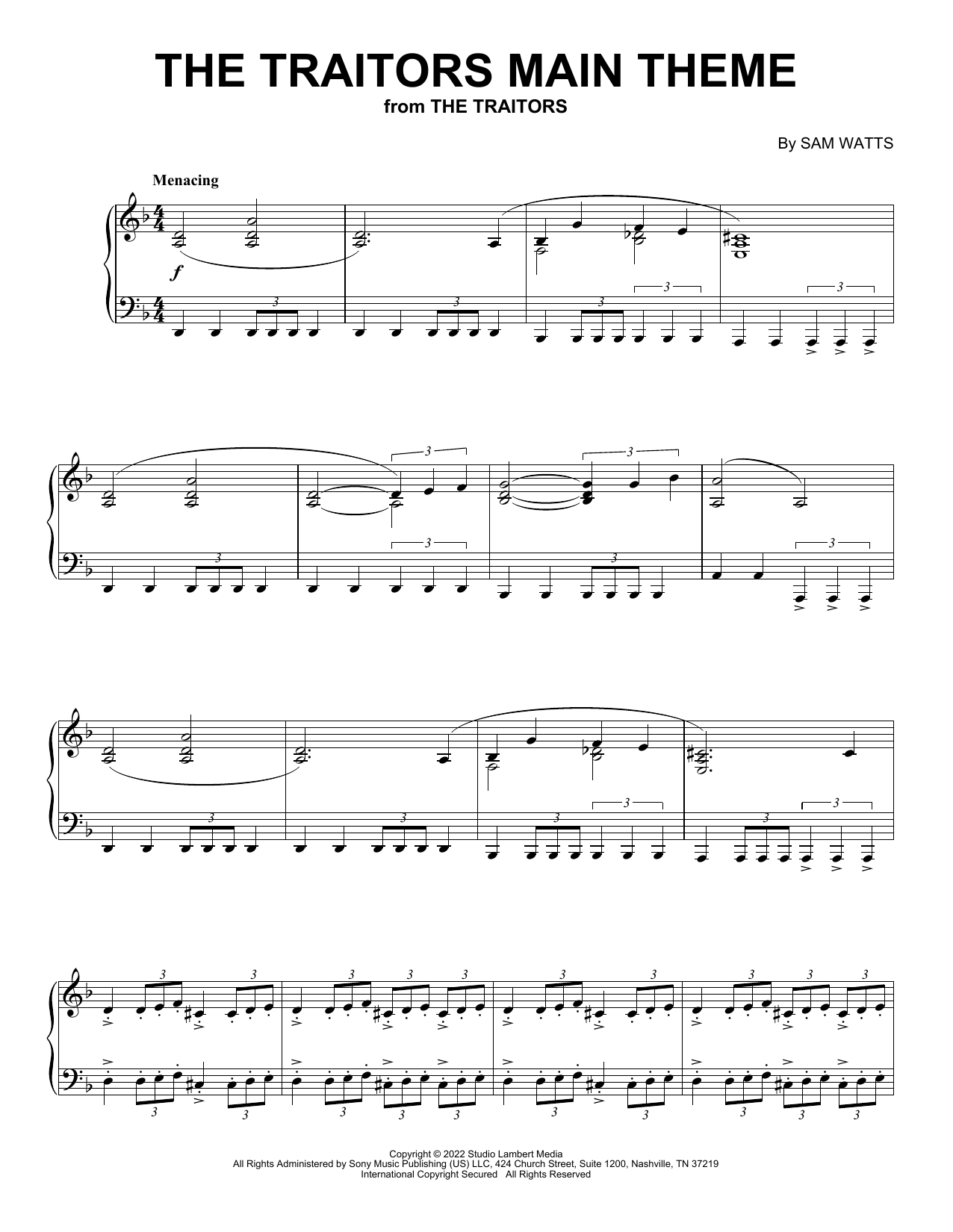 Sam Watts The Traitors Main Theme sheet music notes and chords. Download Printable PDF.