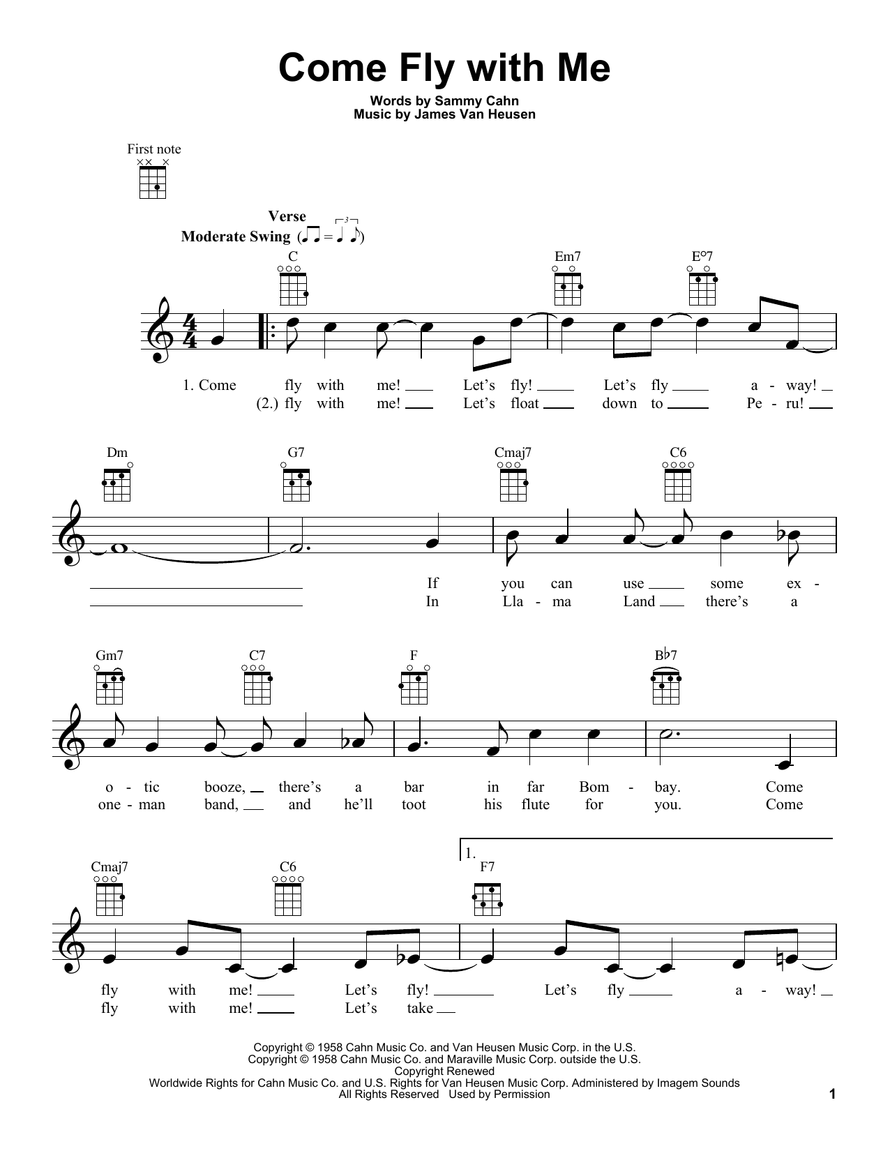 Learn to play Sammy Cahn Come Fly With Me sheet music for Ukulele in minutes. Price: 5.9900$ Sammy Cahn Come Fly With Me sheet music notes and chords arranged for Ukulele