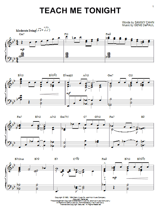 Learn to play Sammy Cahn Teach Me Tonight (arr. Brent Edstrom) sheet music for Piano Solo in minutes. Price: 7.8900$ Sammy Cahn Teach Me Tonight (arr. Brent Edstrom) sheet music notes and chords arranged for Piano Solo