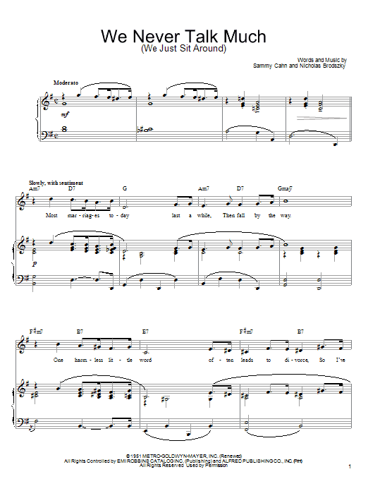 Learn to play Sammy Cahn We Never Talk Much (We Just Sit Around) sheet music for Piano, Vocal & Guitar Chords (Right-Hand Melody) in minutes. Price: 7.8900$ Sammy Cahn We Never Talk Much (We Just Sit Around) sheet music notes and chords arranged for Piano, Vocal & Guitar Chords (Right-Hand Melody)
