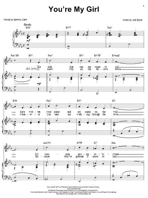 Learn to play Sammy Cahn You're My Girl sheet music for Piano, Vocal & Guitar Chords (Right-Hand Melody) in minutes. Price: 7.8900$ Sammy Cahn You're My Girl sheet music notes and chords arranged for Piano, Vocal & Guitar Chords (Right-Hand Melody)
