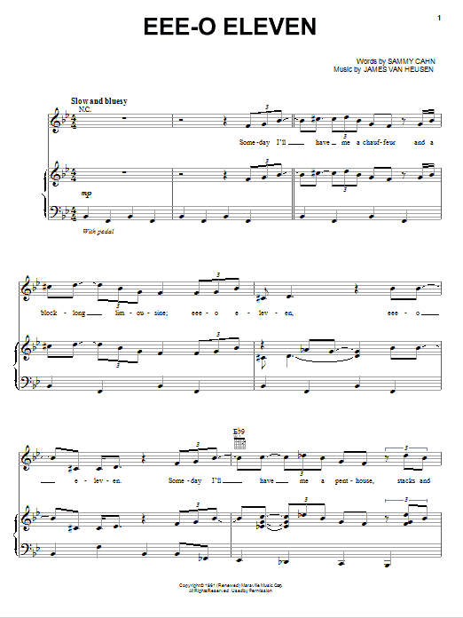 Learn to play Sammy Davis, Jr. EEE-O-Eleven sheet music for Piano, Vocal & Guitar Chords (Right-Hand Melody) in minutes. Price: 7.8900$ Sammy Davis, Jr. EEE-O-Eleven sheet music notes and chords arranged for Piano, Vocal & Guitar Chords (Right-Hand Melody)