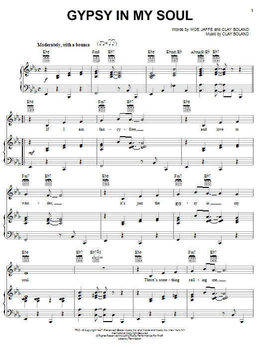 Learn to play Sammy Davis Jr. Gypsy In My Soul sheet music for Piano, Vocal & Guitar Chords (Right-Hand Melody) in minutes. Price: 7.8900$ Sammy Davis Jr. Gypsy In My Soul sheet music notes and chords arranged for Piano, Vocal & Guitar Chords (Right-Hand Melody)