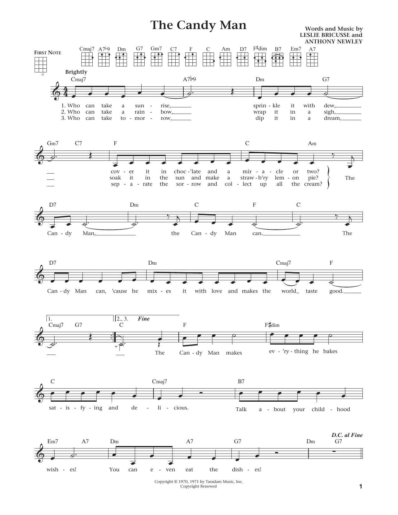 Learn to play Sammy Davis Jr. The Candy Man (from The Daily Ukulele) (arr. Liz and Jim Beloff) sheet music for Ukulele in minutes. Price: 5.9900$ Sammy Davis Jr. The Candy Man (from The Daily Ukulele) (arr. Liz and Jim Beloff) sheet music notes and chords arranged for Ukulele