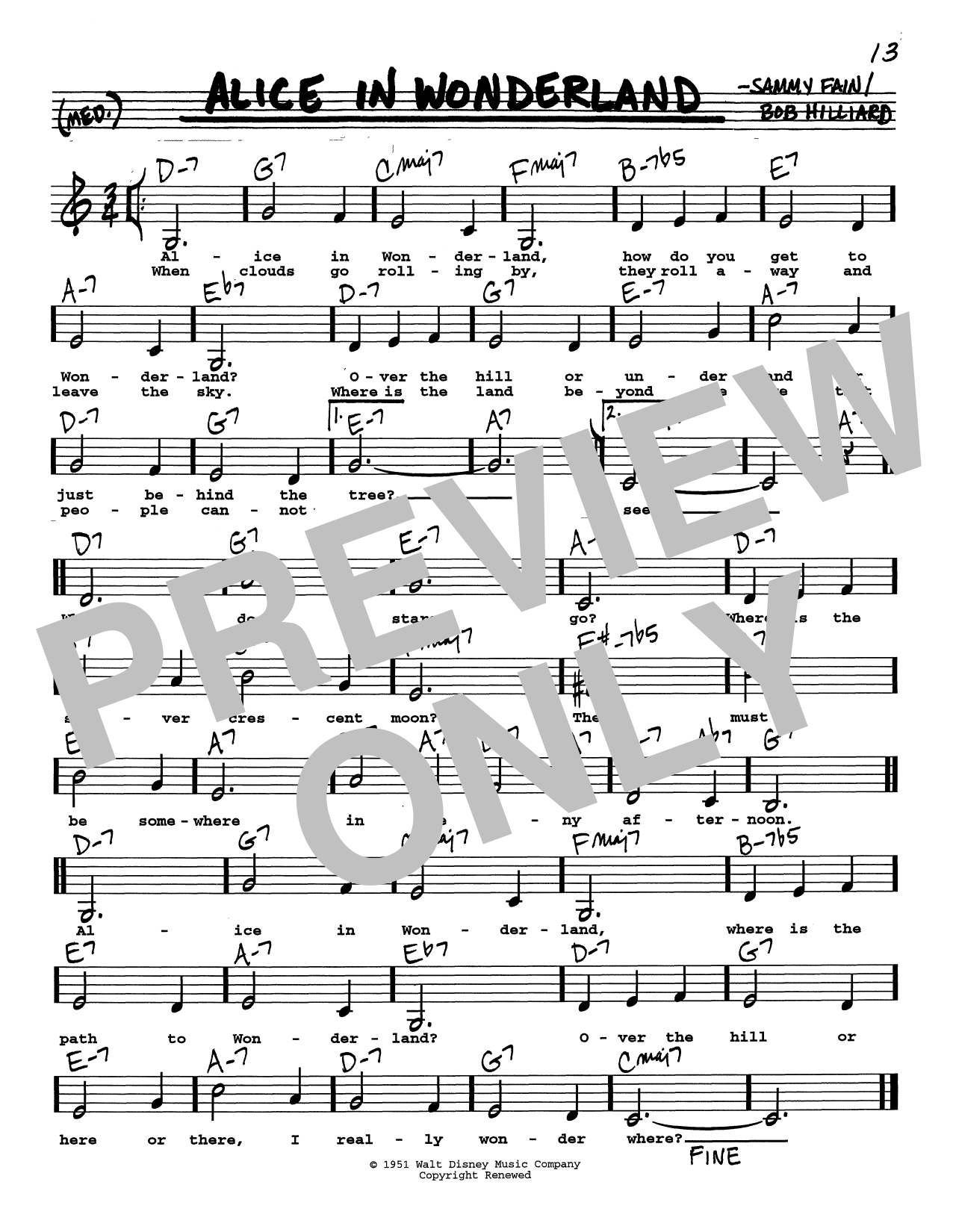 Learn to play Sammy Fain Alice In Wonderland (Low Voice) sheet music for Real Book – Melody, Lyrics & Chords in minutes. Price: 5.9900$ Sammy Fain Alice In Wonderland (Low Voice) sheet music notes and chords arranged for Real Book – Melody, Lyrics & Chords