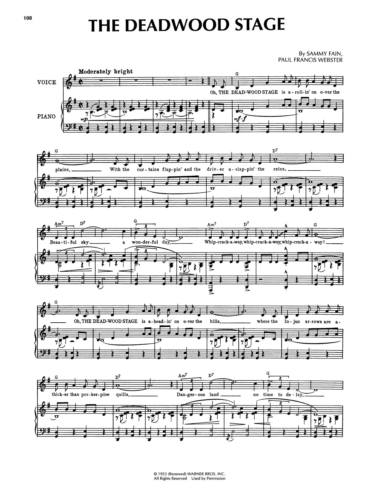 Sammy Fain Deadwood Stage (from Calamity Jane) sheet music notes and chords arranged for Piano, Vocal & Guitar Chords (Right-Hand Melody)
