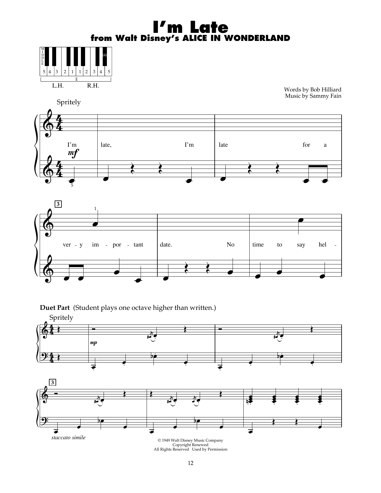 Sammy Fain I'm Late (from Alice In Wonderland) sheet music notes and chords. Download Printable PDF.