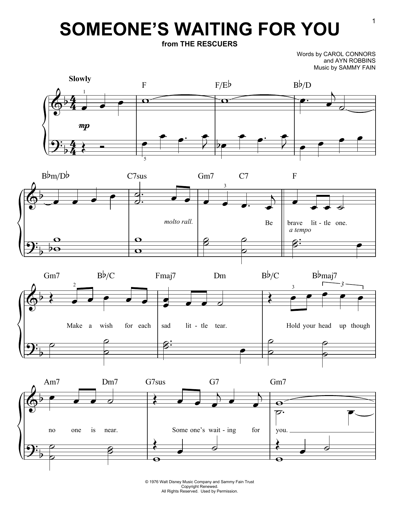 Sammy Fain Someone's Waiting For You (from Disney's The Rescuers) sheet music notes and chords. Download Printable PDF.