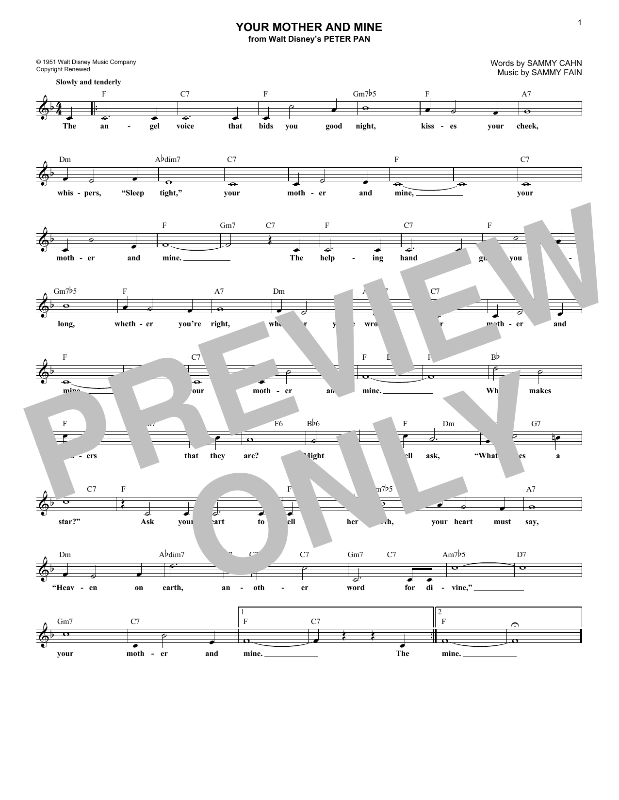 Learn to play Sammy Fain Your Mother And Mine sheet music for Lead Sheet / Fake Book in minutes. Price: 5.9900$ Sammy Fain Your Mother And Mine sheet music notes and chords arranged for Lead Sheet / Fake Book