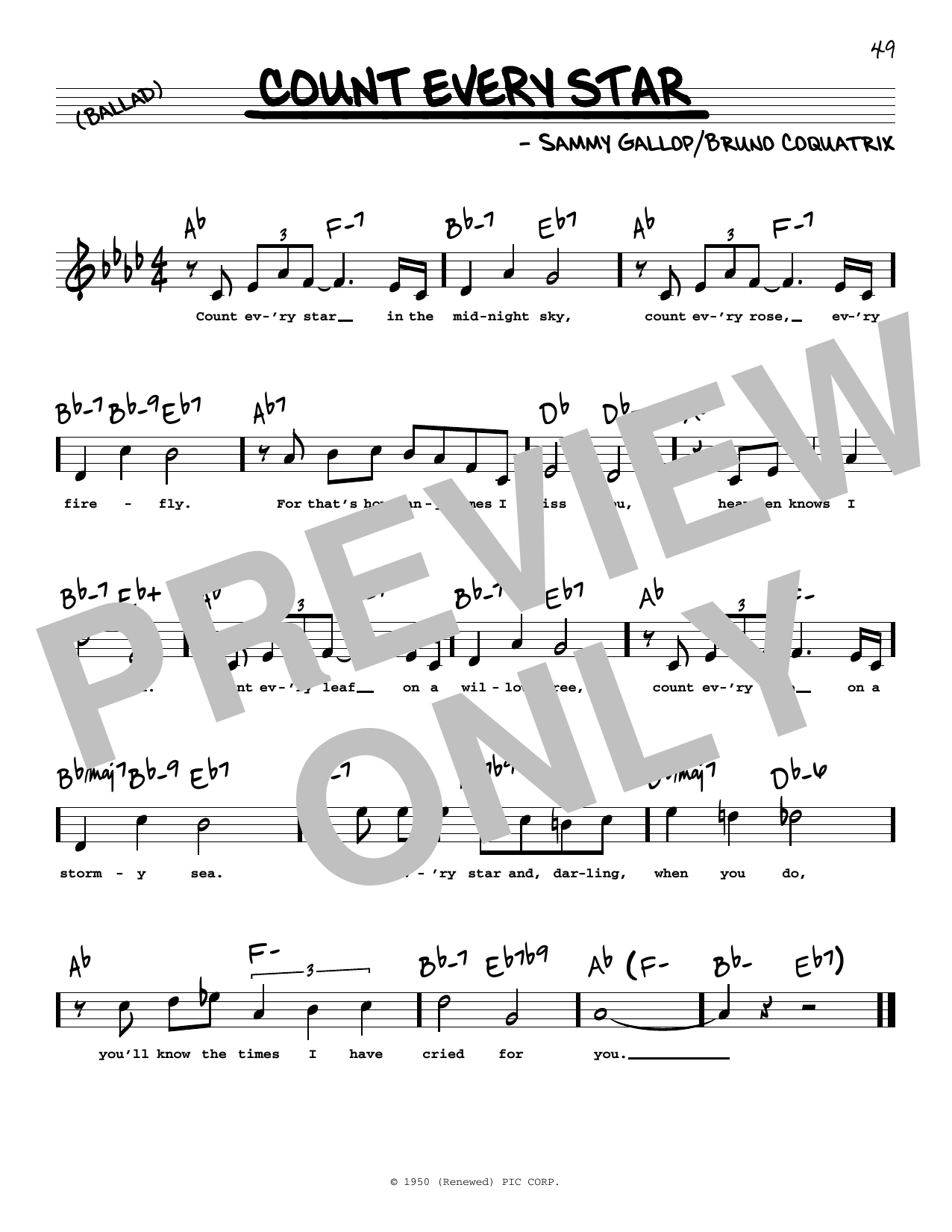 Learn to play Sammy Gallop Count Every Star (High Voice) sheet music for Real Book – Melody, Lyrics & Chords in minutes. Price: 5.9900$ Sammy Gallop Count Every Star (High Voice) sheet music notes and chords arranged for Real Book – Melody, Lyrics & Chords