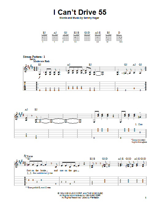 Sammy Hagar I Can't Drive 55 sheet music notes and chords. Download Printable PDF.