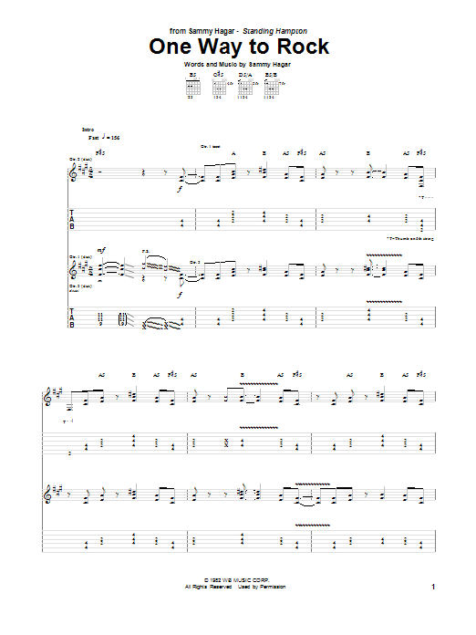 Learn to play Sammy Hagar One Way To Rock sheet music for Guitar Tab in minutes. Price: 7.8900$ Sammy Hagar One Way To Rock sheet music notes and chords arranged for Guitar Tab