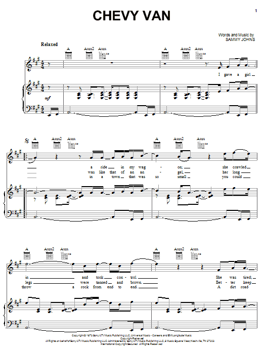 Sammy Johns Chevy Van sheet music notes and chords arranged for Piano, Vocal & Guitar Chords (Right-Hand Melody)