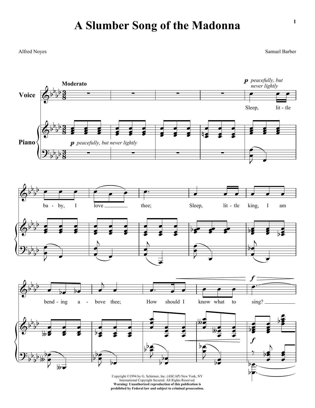 Samuel Barber A Slumber Song Of The Madonna sheet music notes and chords. Download Printable PDF.