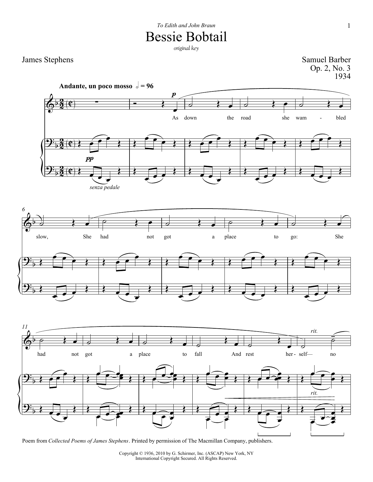 Samuel Barber Bessie Bobtail sheet music notes and chords. Download Printable PDF.