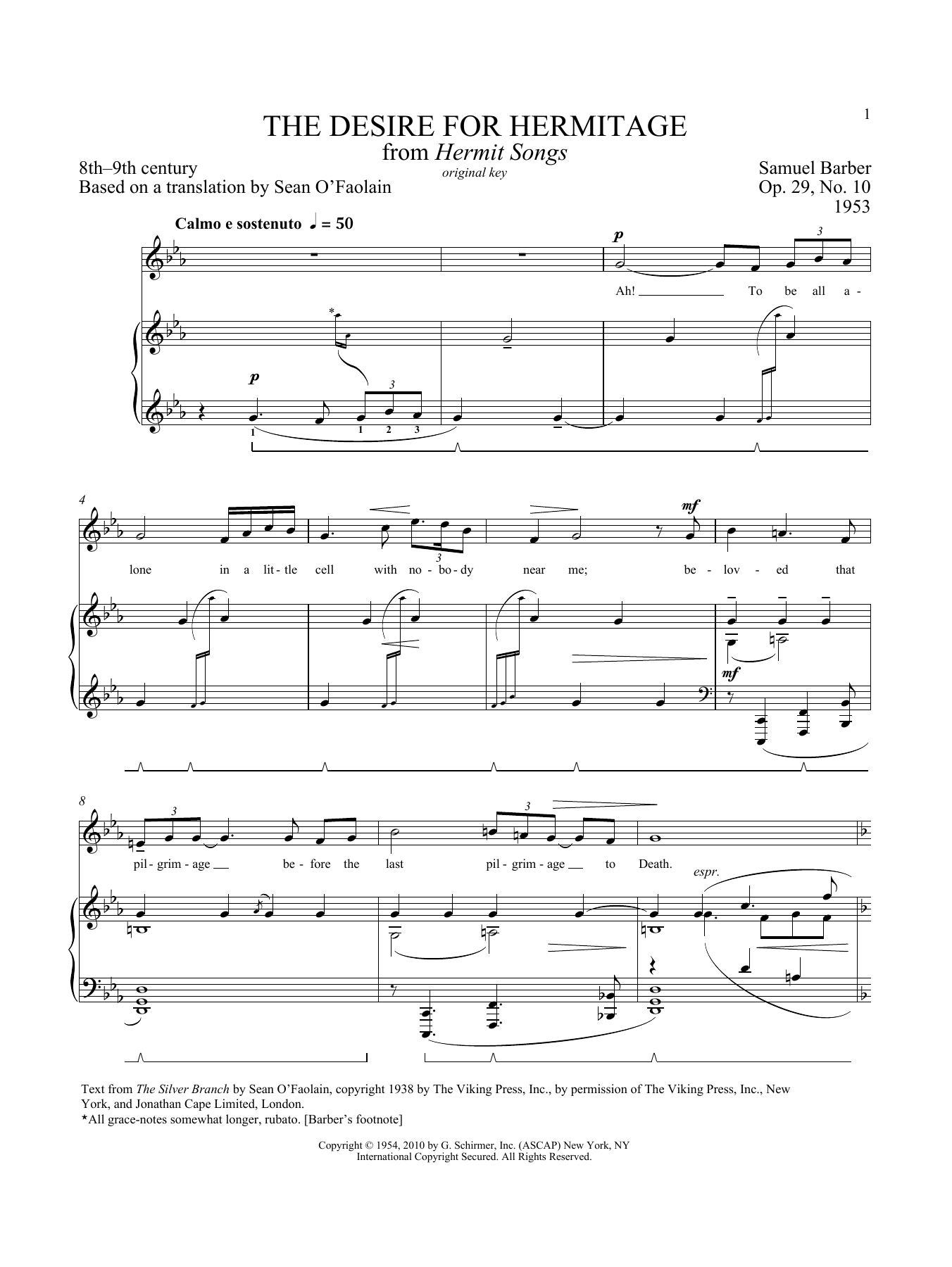 Learn to play Samuel Barber Desire For Hermitage, Op. 29, No. 10 sheet music for Piano & Vocal in minutes. Price: 7.8900$ Samuel Barber Desire For Hermitage, Op. 29, No. 10 sheet music notes and chords arranged for Piano & Vocal