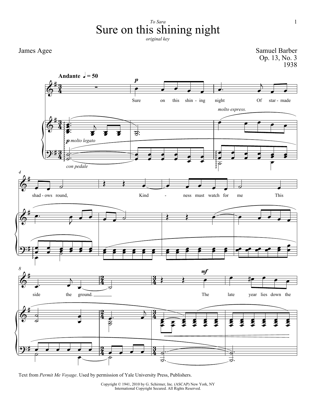 Samuel Barber Sure On This Shining Night sheet music notes and chords. Download Printable PDF.