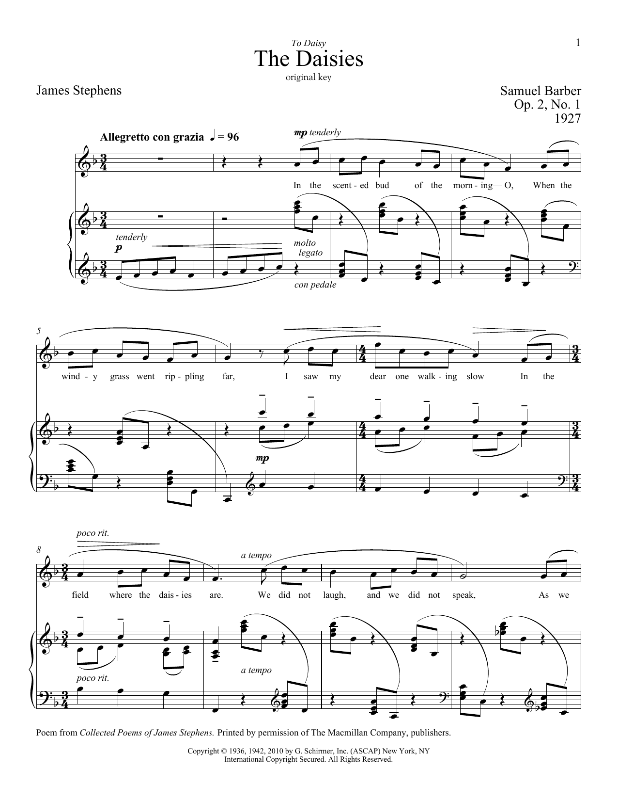 Samuel Barber The Daisies sheet music notes and chords. Download Printable PDF.