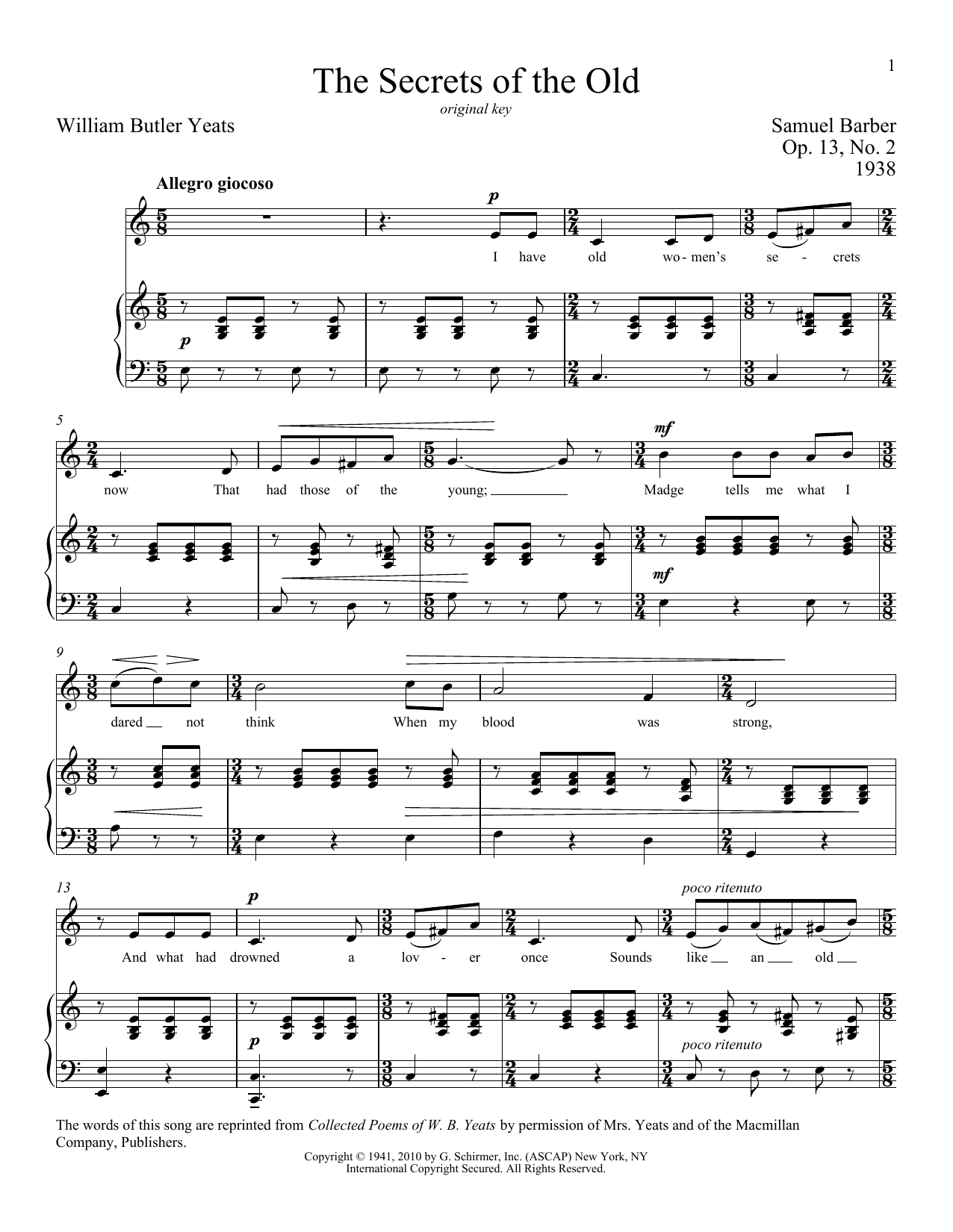 Samuel Barber The Secrets Of The Old sheet music notes and chords. Download Printable PDF.