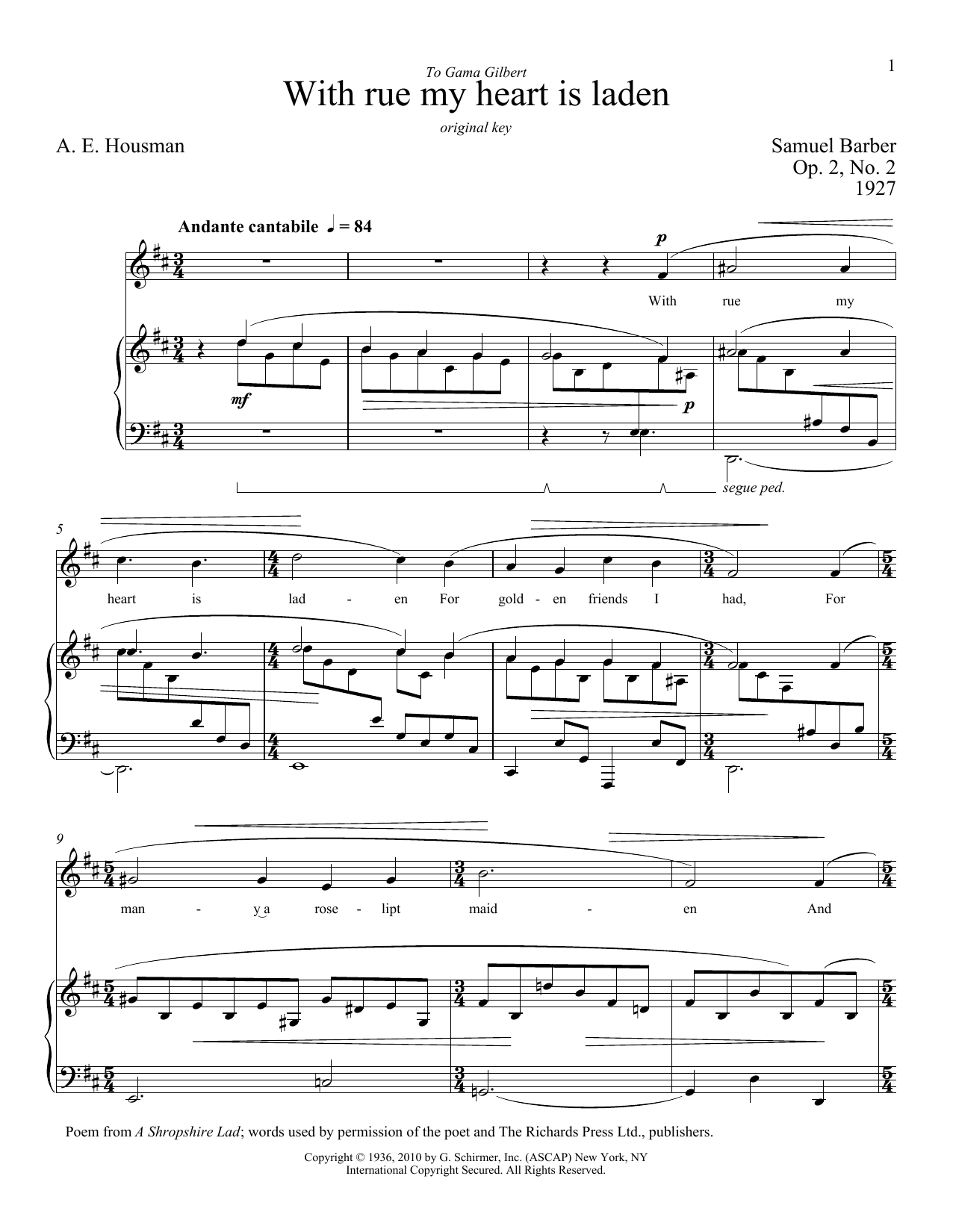 Samuel Barber With Rue My Heart Is Laden sheet music notes and chords. Download Printable PDF.