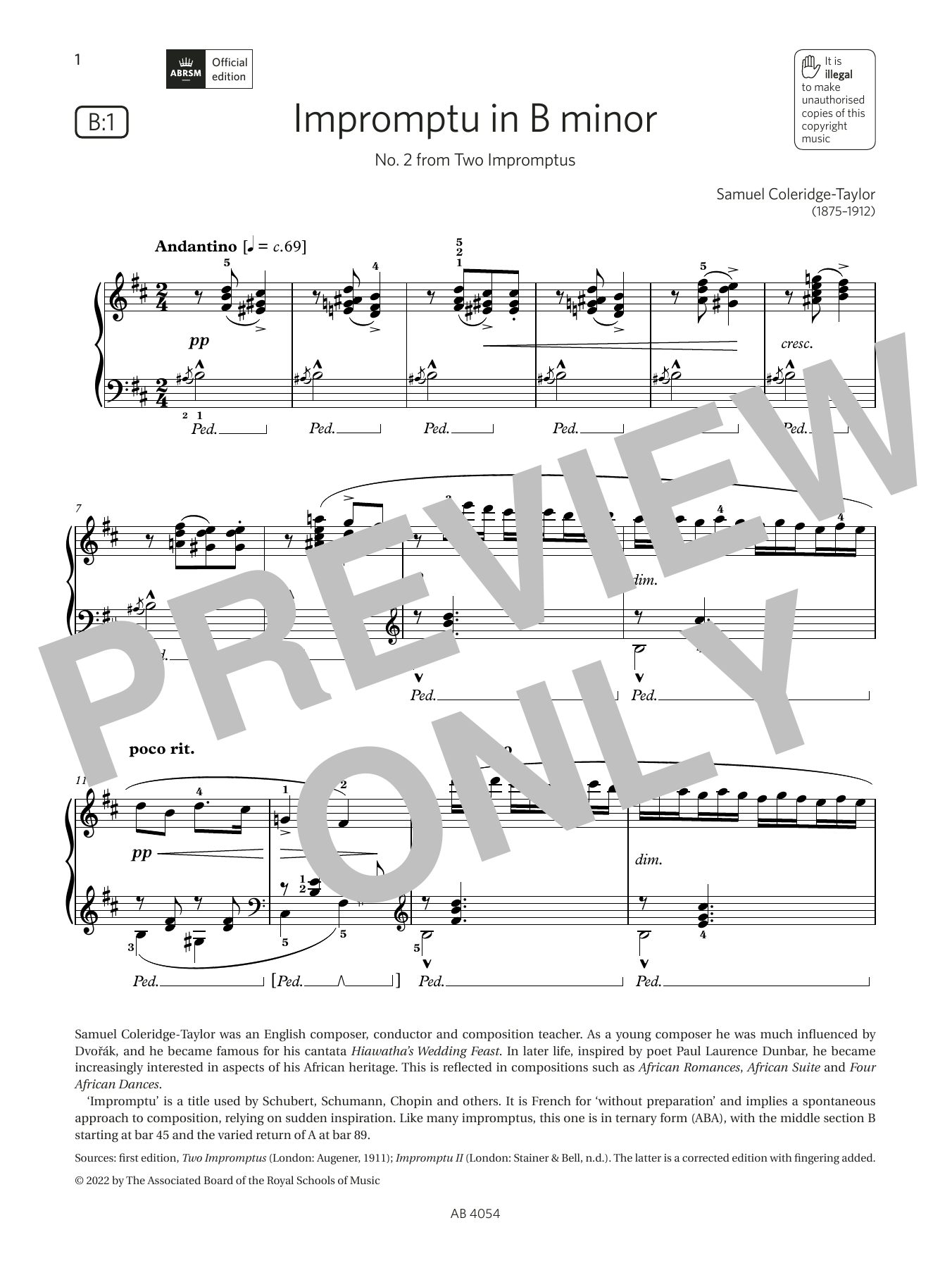 Samuel Coleridge-Taylor Impromptu in B minor (Grade 8, list B1, from the ABRSM Piano Syllabus 2023 & 2024) sheet music notes and chords. Download Printable PDF.