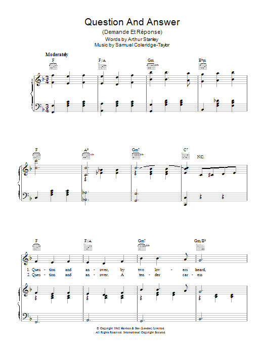 Learn to play Samuel Coleridge-Taylor Question And Answer (Demande Et Reponse) sheet music for Piano, Vocal & Guitar Chords in minutes. Price: 7.8900$ Samuel Coleridge-Taylor Question And Answer (Demande Et Reponse) sheet music notes and chords arranged for Piano, Vocal & Guitar Chords