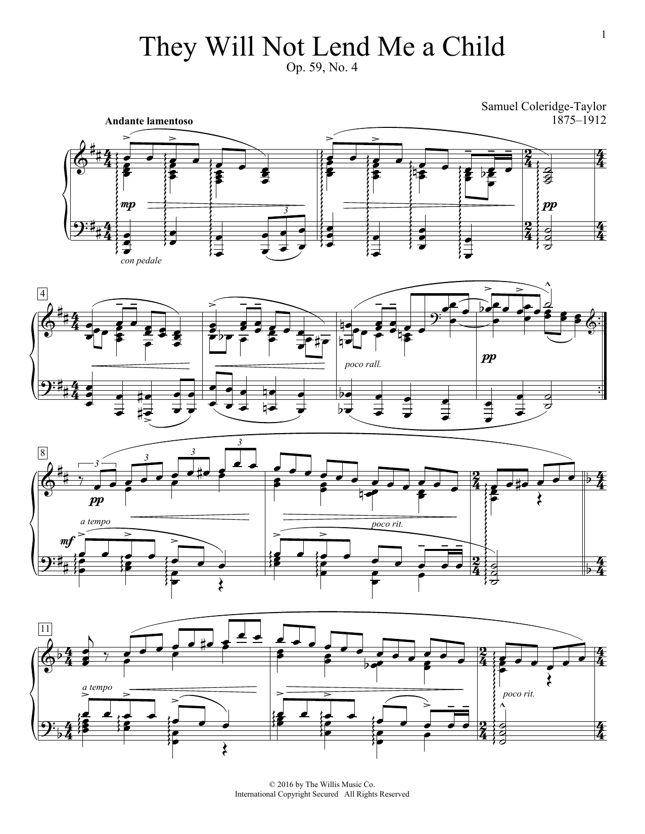 Learn to play Samuel Coleridge-Taylor They Will Not Lend Me A Child, Op. 59, No. 4 sheet music for Educational Piano in minutes. Price: 6.9900$ Samuel Coleridge-Taylor They Will Not Lend Me A Child, Op. 59, No. 4 sheet music notes and chords arranged for Educational Piano