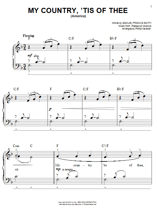 Samuel Francis Smith My Country, 'Tis Of Thee (America) sheet music notes and chords. Download Printable PDF.