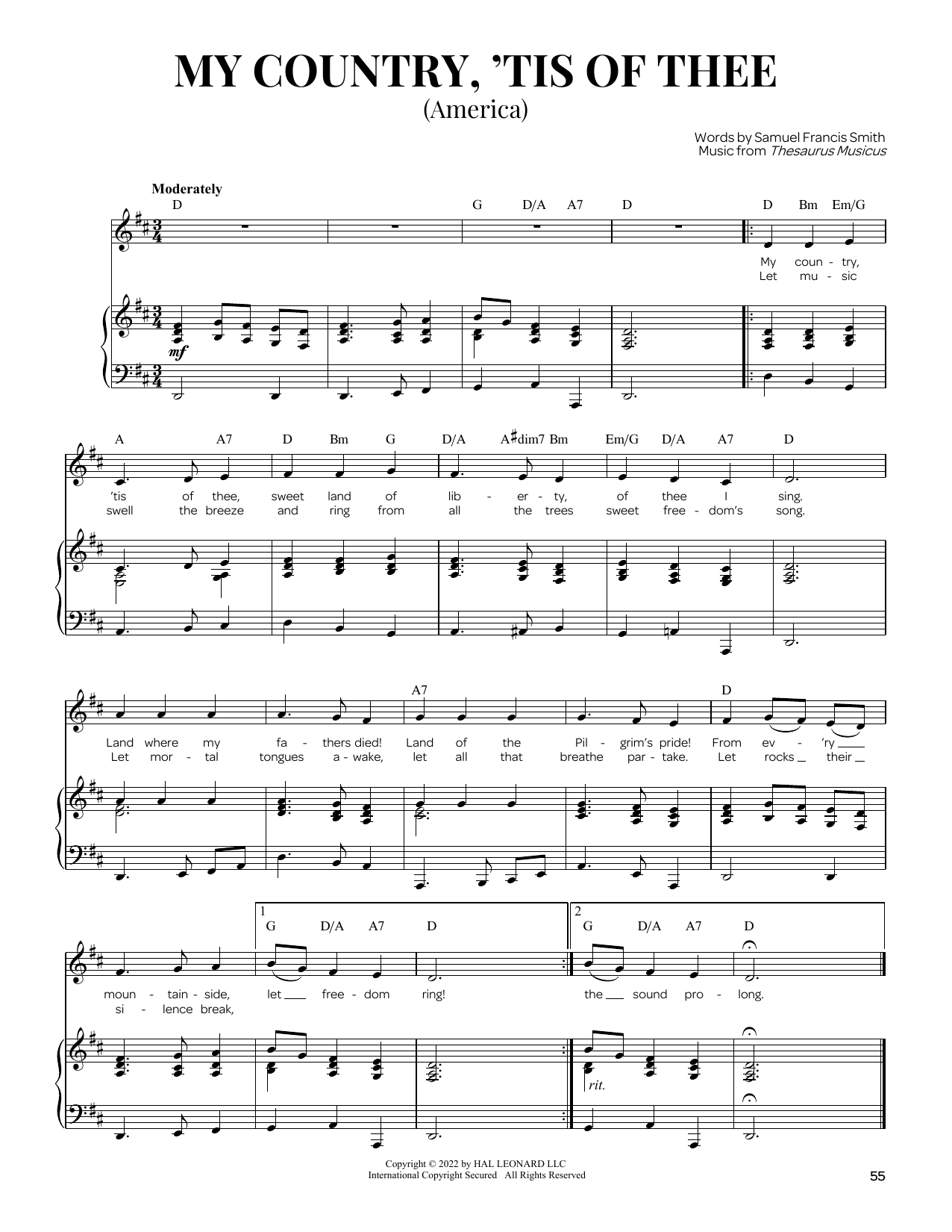 Samuel Francis Smith My Country, 'Tis Of Thee (America) sheet music notes and chords arranged for Piano Solo