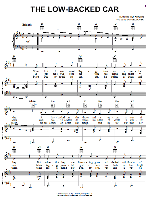 Learn to play Samuel Lover The Low-Backed Car sheet music for Piano, Vocal & Guitar Chords (Right-Hand Melody) in minutes. Price: 7.8900$ Samuel Lover The Low-Backed Car sheet music notes and chords arranged for Piano, Vocal & Guitar Chords (Right-Hand Melody)