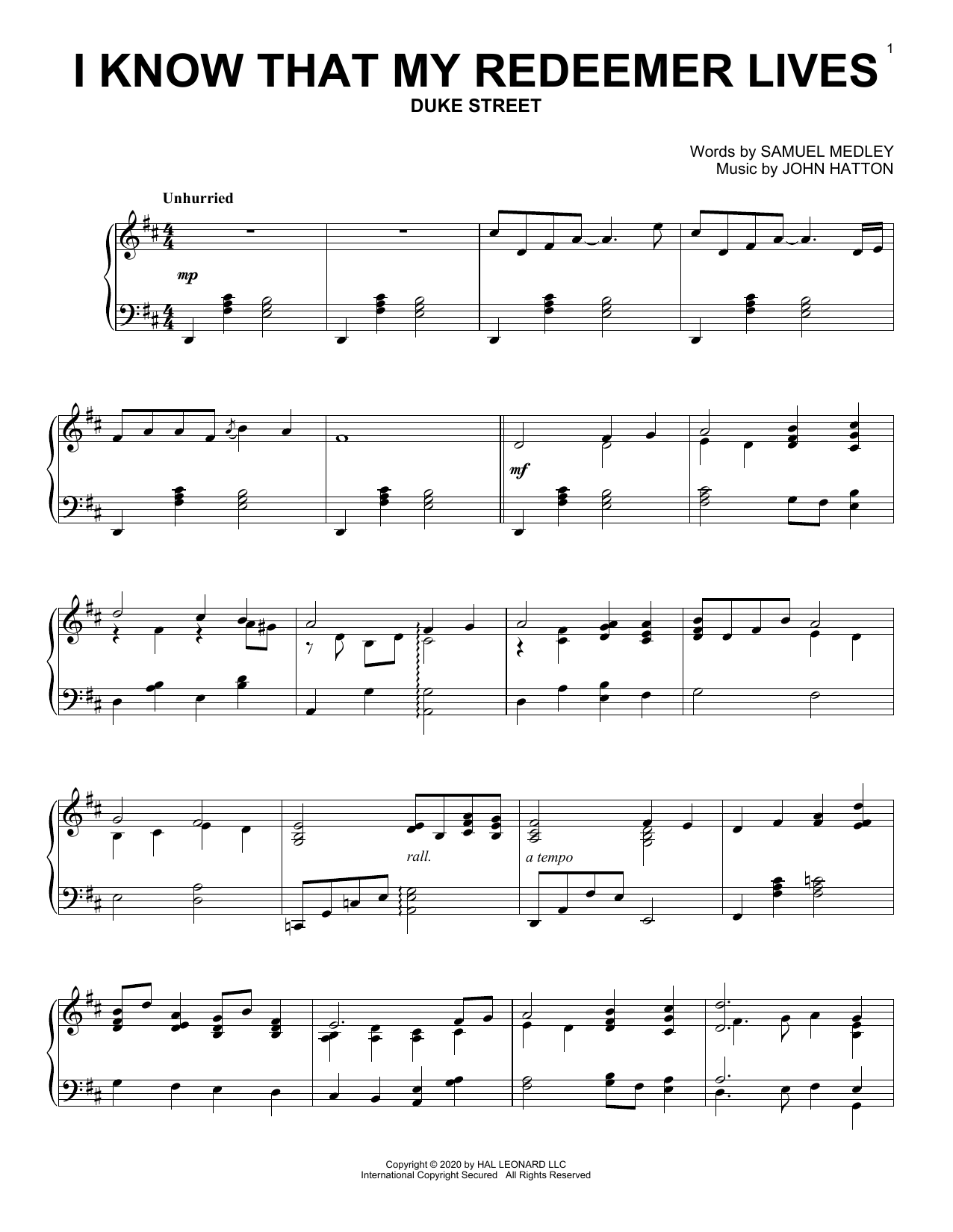 Learn to play Samuel Medley and John Hatton I Know That My Redeemer Lives sheet music for Piano Solo in minutes. Price: 7.8900$ Samuel Medley and John Hatton I Know That My Redeemer Lives sheet music notes and chords arranged for Piano Solo