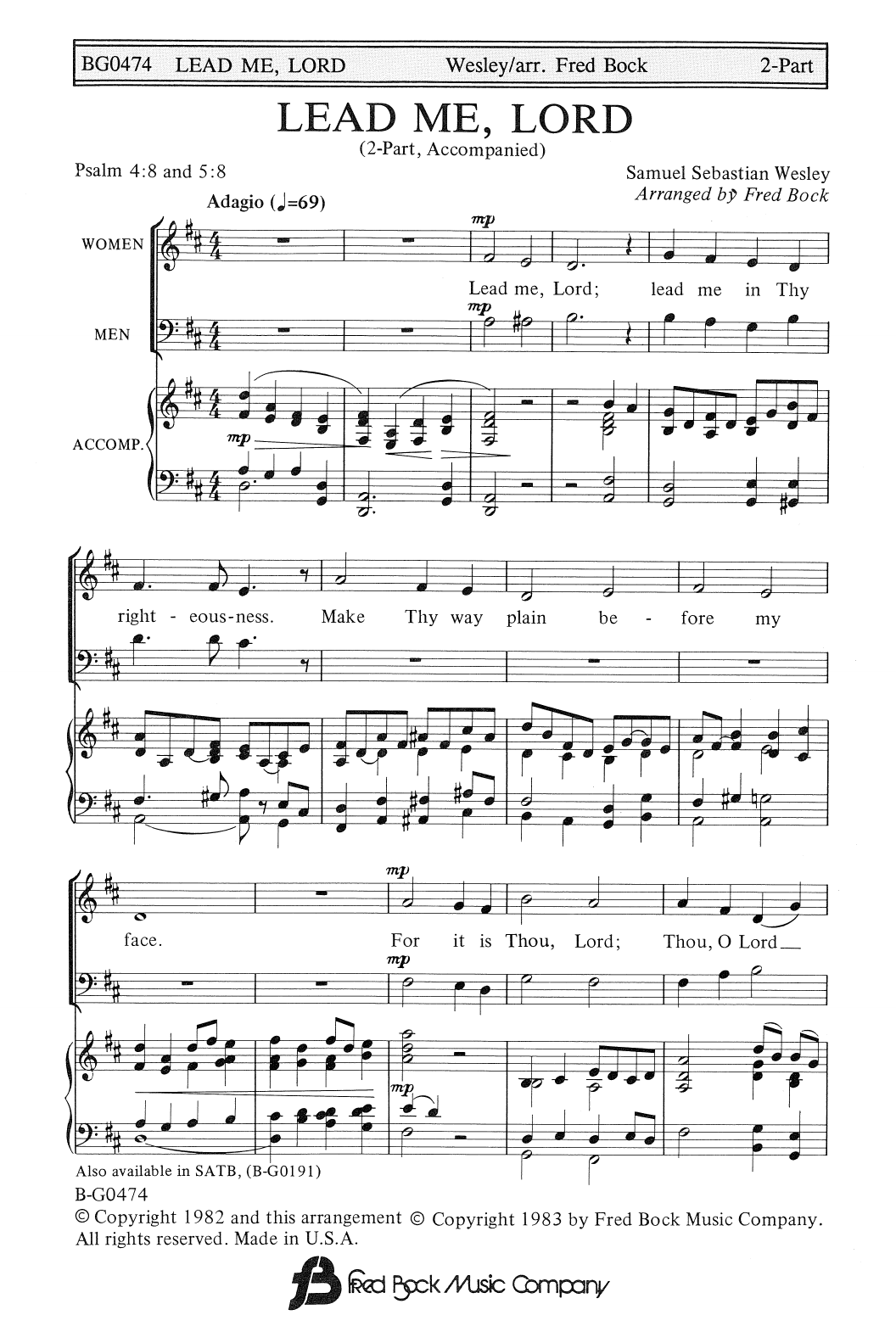 Learn to play Samuel Sebastian Wesley Lead Me, Lord (arr. Fred Bock) sheet music for 2-Part Choir in minutes. Price: 3.9900$ Samuel Sebastian Wesley Lead Me, Lord (arr. Fred Bock) sheet music notes and chords arranged for 2-Part Choir