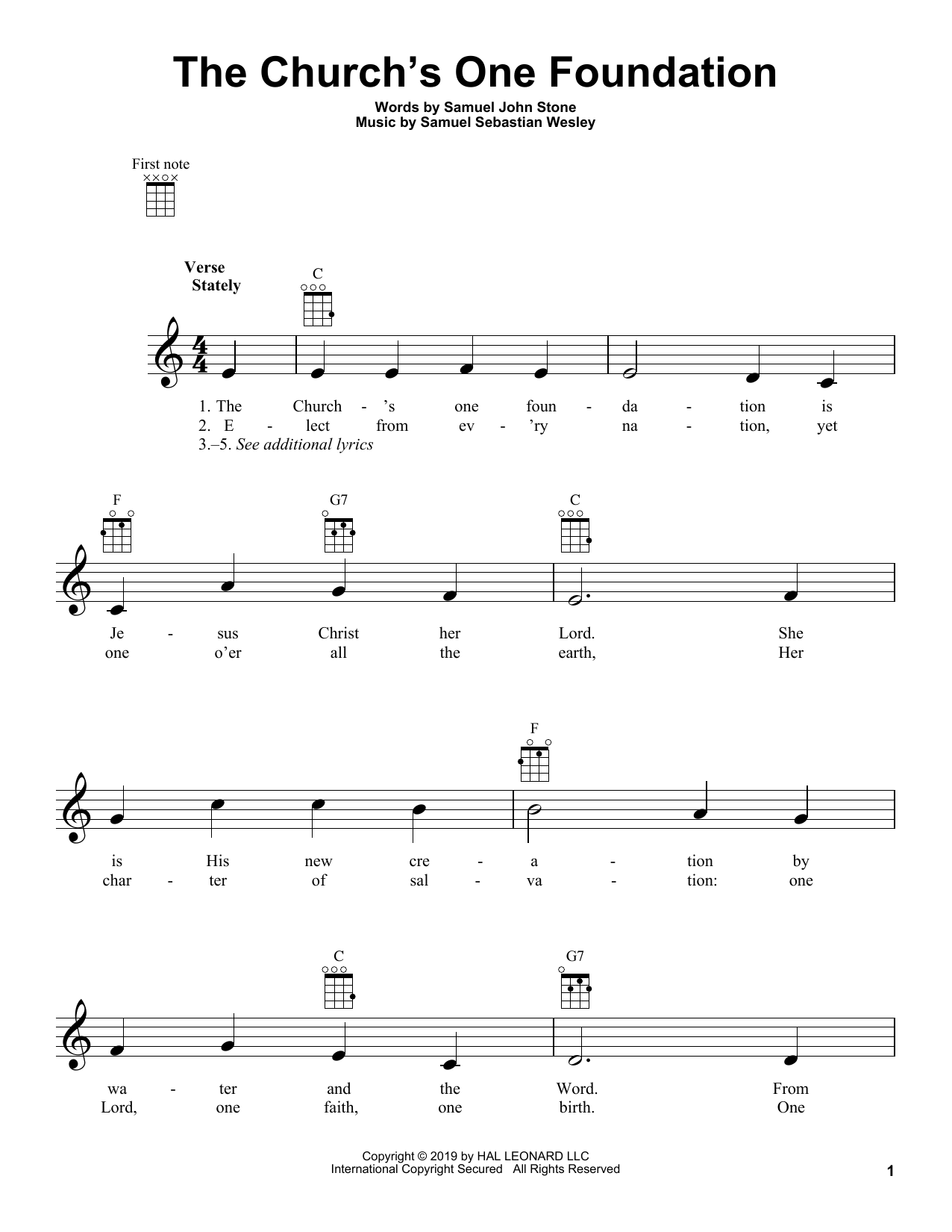Learn to play Samuel Sebastian Wesley The Church's One Foundation sheet music for Ukulele in minutes. Price: 5.9900$ Samuel Sebastian Wesley The Church's One Foundation sheet music notes and chords arranged for Ukulele