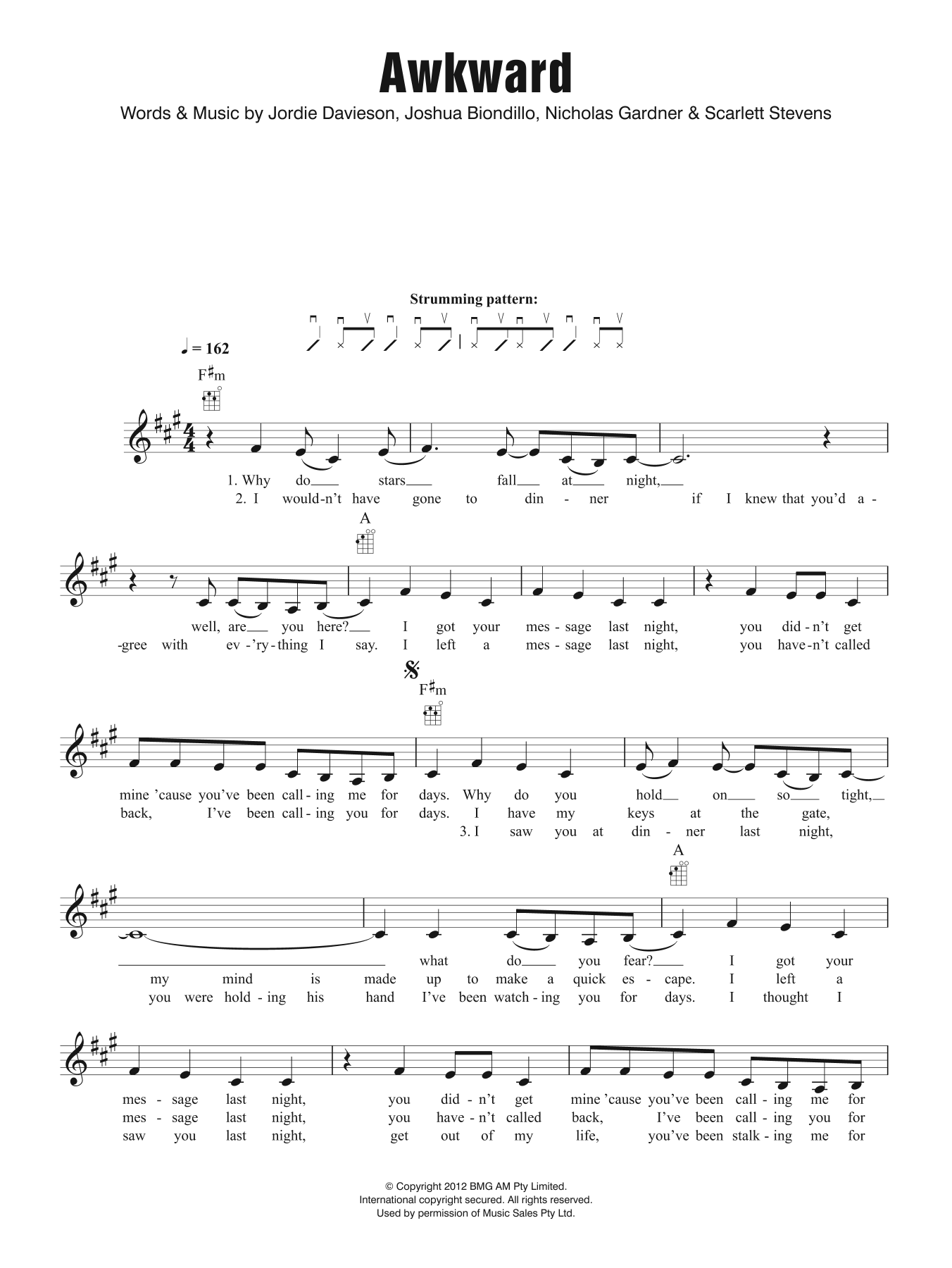 Learn to play San Cisco Awkward sheet music for Ukulele in minutes. Price: 5.9900$ San Cisco Awkward sheet music notes and chords arranged for Ukulele