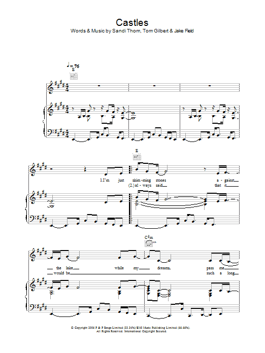 Learn to play Sandi Thom Castles sheet music for Piano, Vocal & Guitar Chords in minutes. Price: 7.8900$ Sandi Thom Castles sheet music notes and chords arranged for Piano, Vocal & Guitar Chords