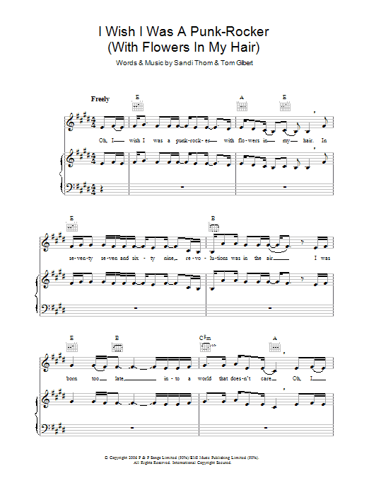 Learn to play Sandi Thom I Wish I Was A Punk Rocker (With Flowers In My Hair) sheet music for Piano, Vocal & Guitar Chords (Right-Hand Melody) in minutes. Price: 7.8900$ Sandi Thom I Wish I Was A Punk Rocker (With Flowers In My Hair) sheet music notes and chords arranged for Piano, Vocal & Guitar Chords (Right-Hand Melody)