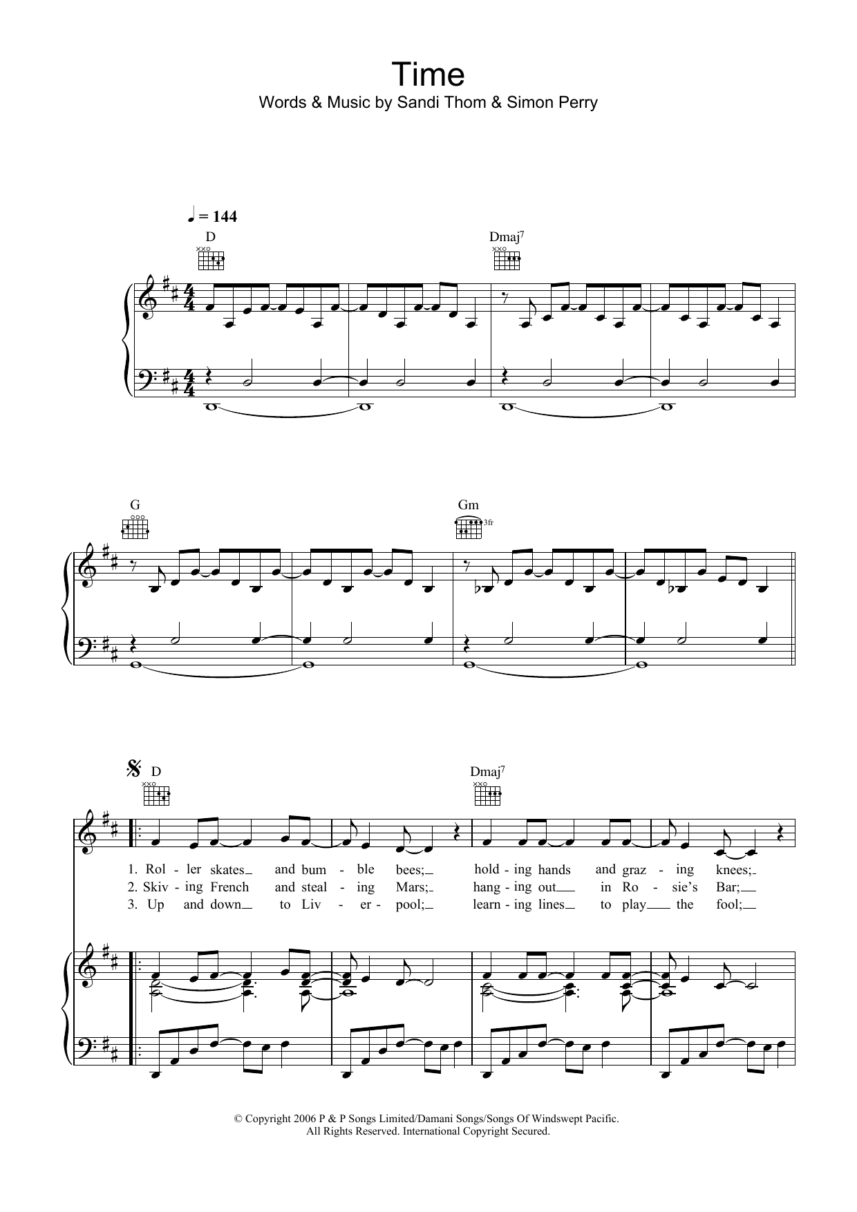 Learn to play Sandi Thom Time sheet music for Piano, Vocal & Guitar Chords in minutes. Price: 7.8900$ Sandi Thom Time sheet music notes and chords arranged for Piano, Vocal & Guitar Chords