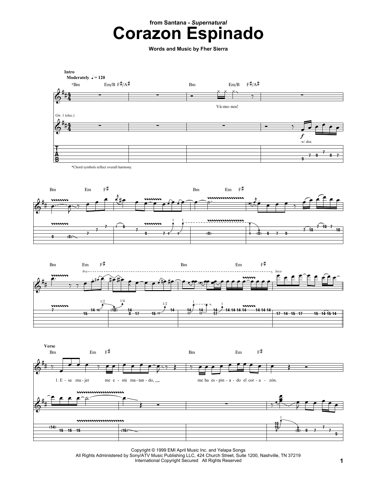 Santana Corazon Espinado sheet music notes and chords. Download Printable PDF.