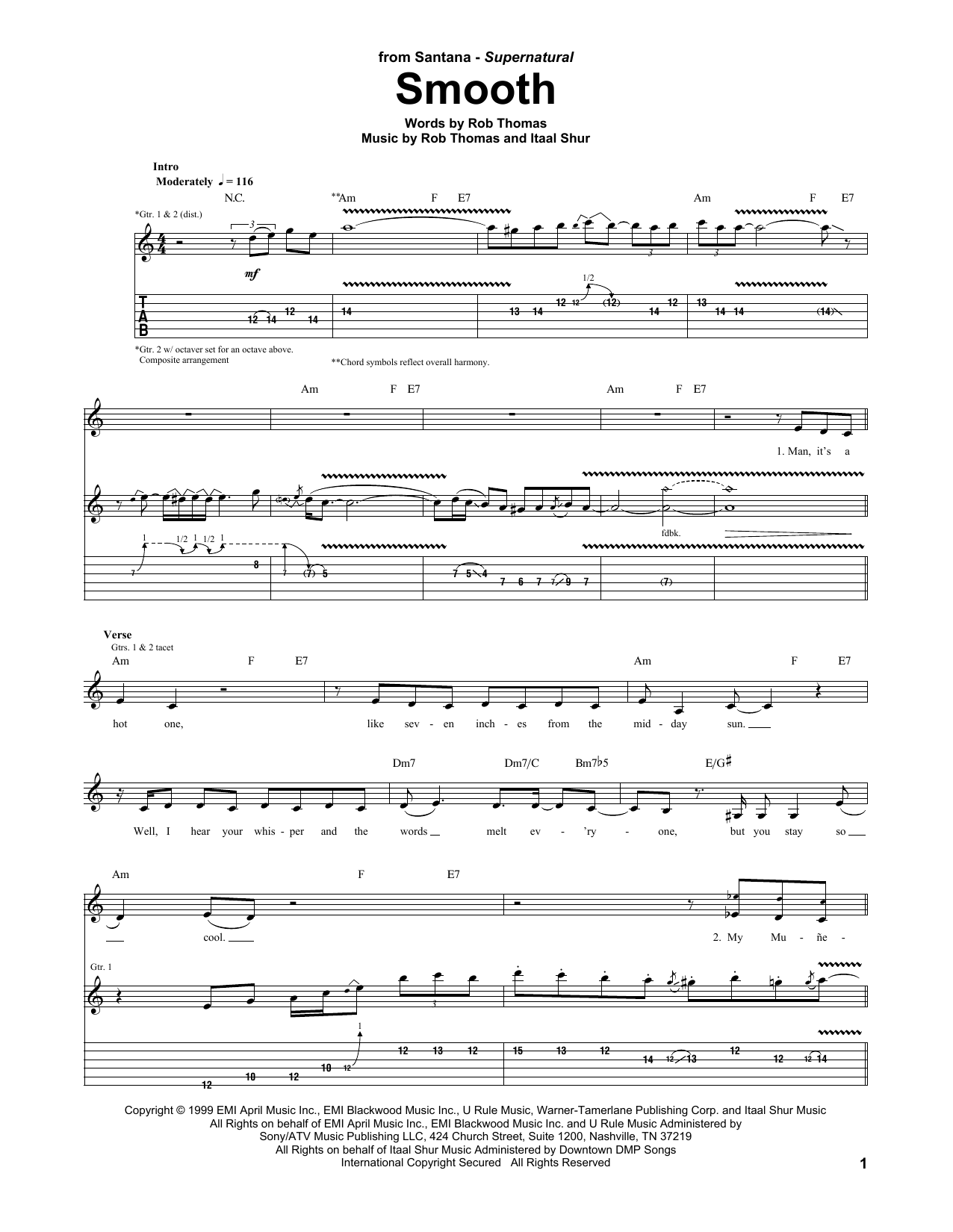 Santana featuring Rob Thomas Smooth sheet music notes and chords. Download Printable PDF.