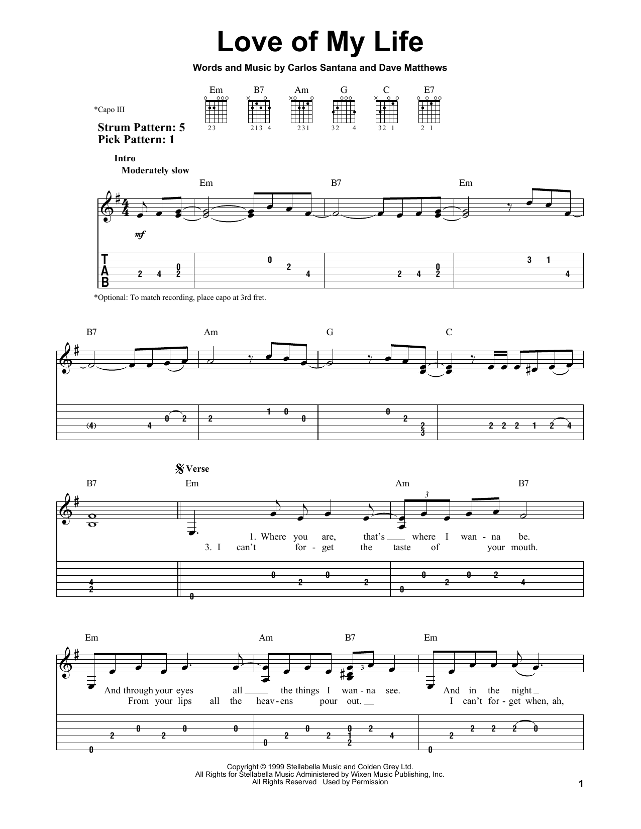 Santana Love Of My Life (feat. Dave Matthews) sheet music notes and chords. Download Printable PDF.