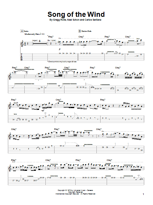 Santana Song Of The Wind sheet music notes and chords. Download Printable PDF.